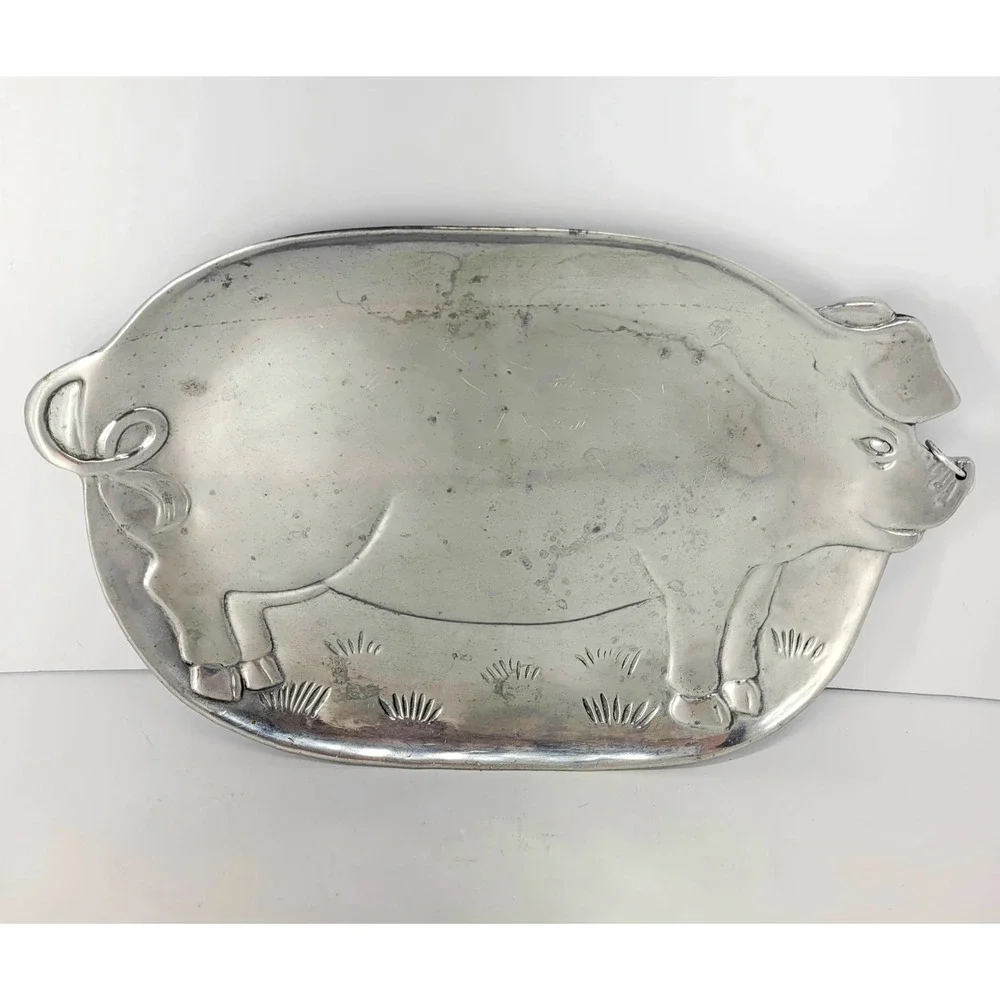 Vandor 1981 Vintage Silver Tone Metal Pig Serving Tray 10